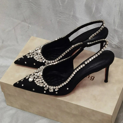 Luxury Diamonds Designer High Heels Women Satin Pointy Toe Pumps Rhinestone Sandals Female Shiny Sexy Wedding Dress Party Shoes