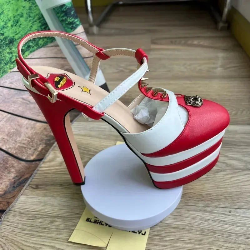 2026 Women's Round Head Sandals Thin Heels 5cm Thick Bottom Slope Heel Fish Mouth Rivet Sandal T-Platform Sandals Size34-43