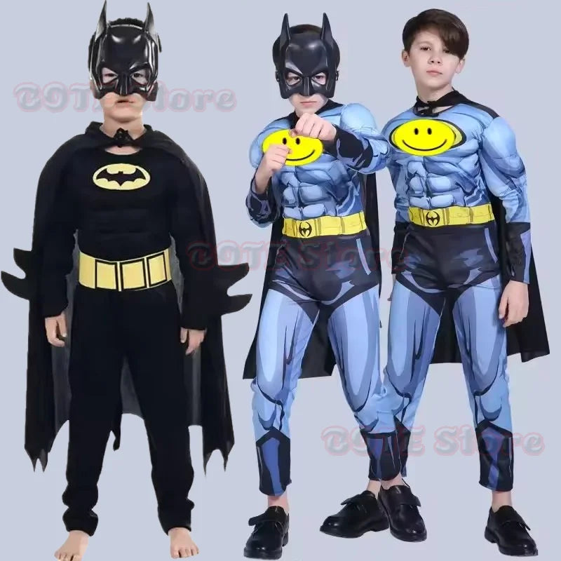 Kids Boys Muscle Costume with Mask Cloak Movie Character Superhero Cosplay Halloween Kids Bat Cosplay Jumpsuit Hero Costume Suit