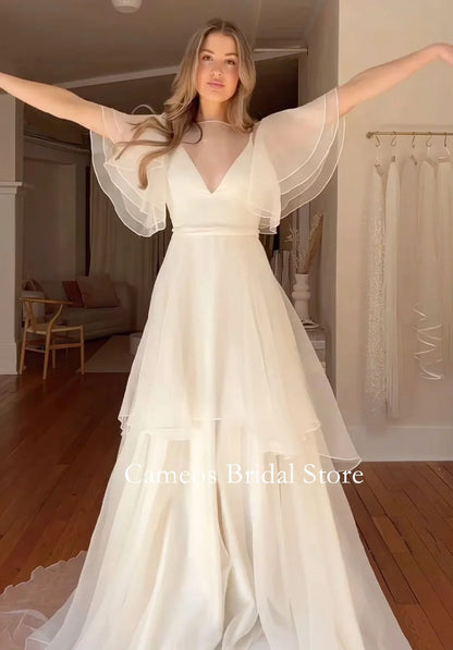 Fashion Korea Tiered Sleeves Organza Wedding Dresses V-Neck Floor Length Photo Shoot Corset Customized Bridal Gown