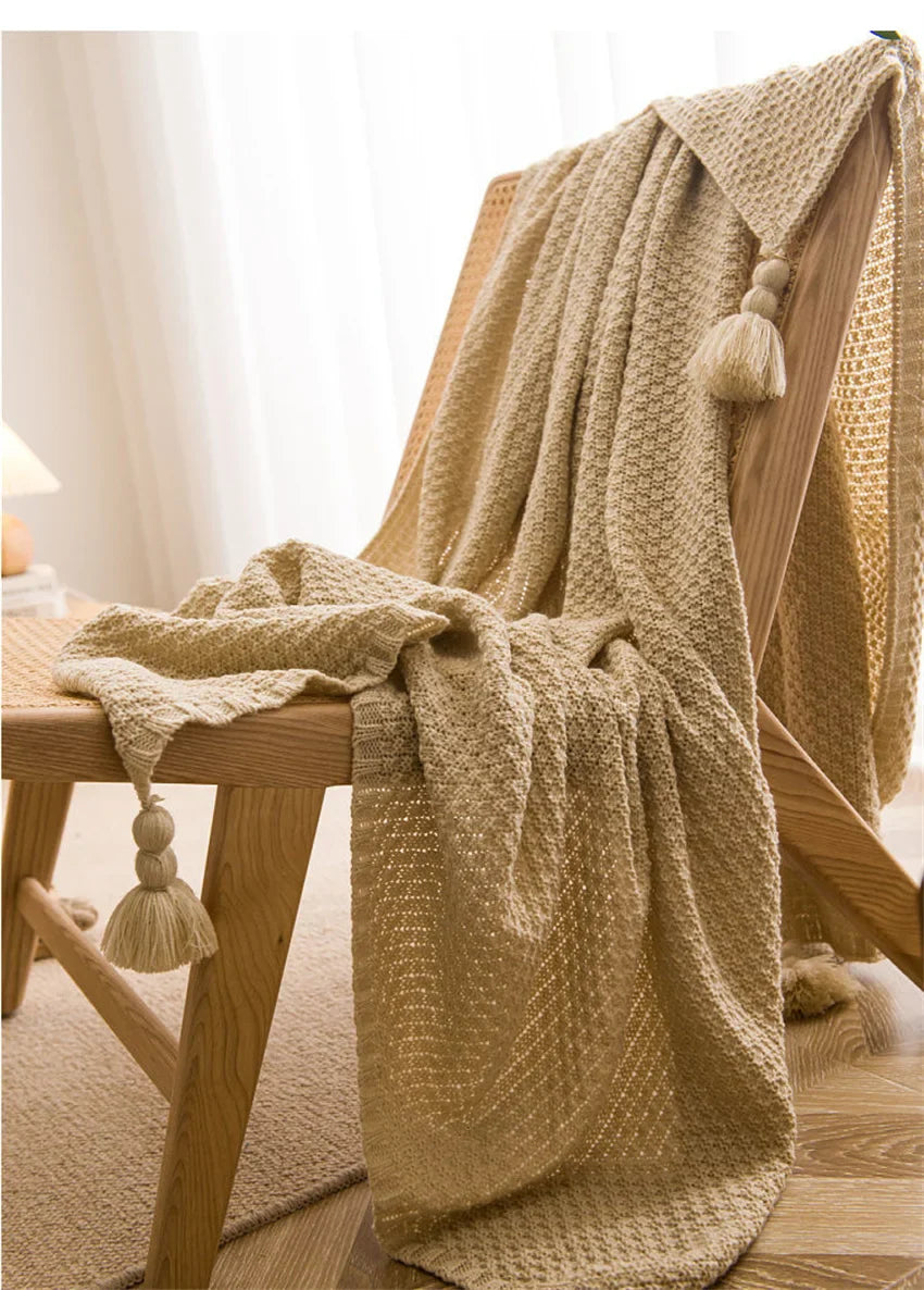 Nordic Blankets for Bed Sofa Couch Chunky Knit Bedspread Knitted Throw Blanket with Tassel Plain Color Waffle Embossed Blanket