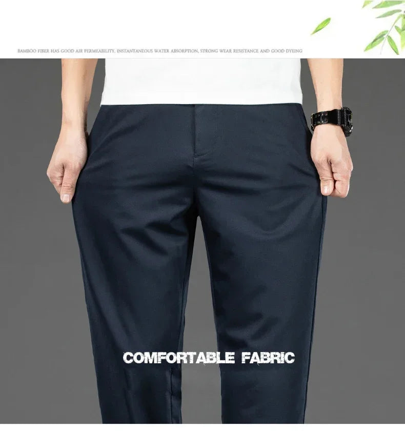 Thin Men Bamboo Summer Pants Casual High Quality Business Classic Fashion Stretch Slim Formal Straight Trousers Black Gray Khaki