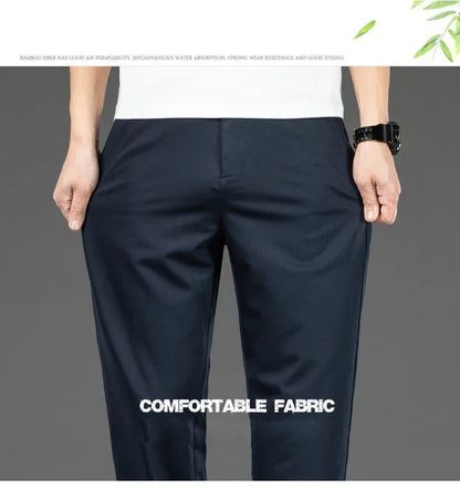 Thin Men Bamboo Summer Pants Casual High Quality Business Classic Fashion Stretch Slim Formal Straight Trousers Black Gray Khaki