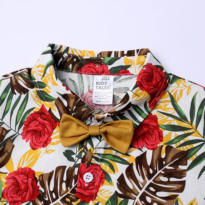 2026 Gentleman  Kids Boys Party Clothing Set Print Hawaii Style Short Sleeve Shirt +Short Pants Formal Suit Seaside Outfits 2Pcs