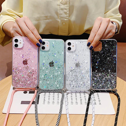 With Neck Strap Rope Cord Clear Glitter Case for iphone 11 12 13 14 15 pro max se 2 2020 2022 Crossbody Lanyard Cover Fundas