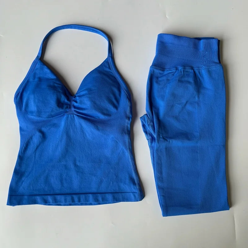2 Pieces Set Leggings Set Women Backless Tank Tops High Waist Scrunch Gym Suit Fitness Clothes Outfit Workout Yoga Set