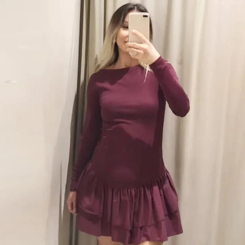 Womens Dresses Ruffled Corset Dress Summer 2025 Red Brown Black Dress O-Neck Long Sleeve Dresses Layered Party Vestidos 066
