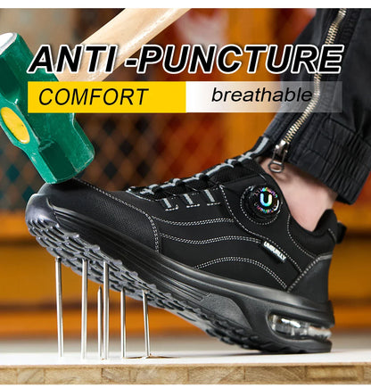 Men's Safety Work Boots Steel Toe Puncture Resistant Kevlar Midsole Air Cushion Black Button Style Industrial Construction Shoes