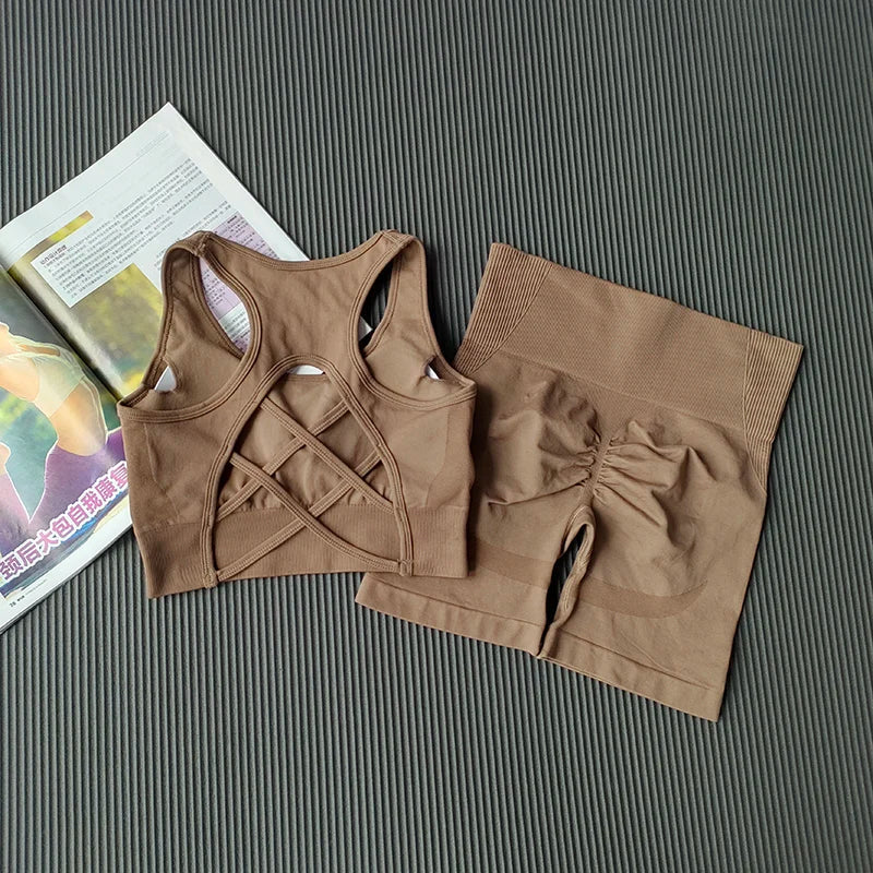 High Waist Butt Lifting Fitness Suit Gathering Beautiful Back Yoga Suit Bras Quick-drying Running Peach Buttock Training 2PCS
