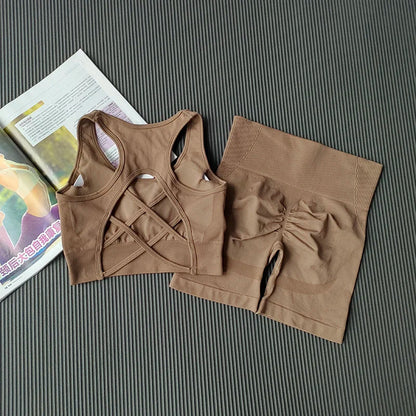 High Waist Butt Lifting Fitness Suit Gathering Beautiful Back Yoga Suit Bras Quick-drying Running Peach Buttock Training 2PCS