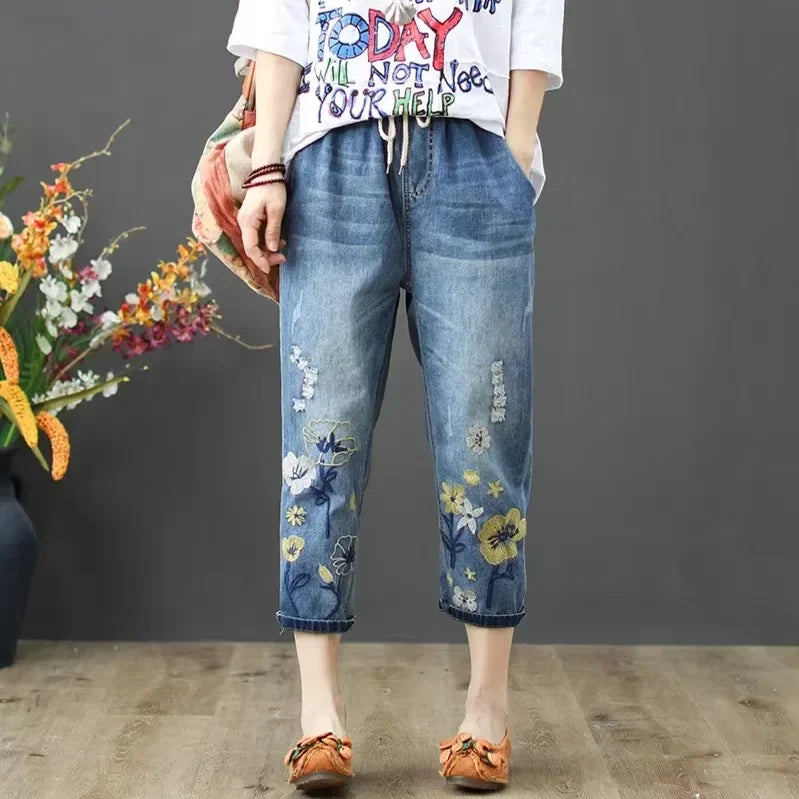 Womens Vintage Floral Loose Denim Pants 2025 Spring Chinese Style Casual Ripped Blue Jeans Holes Elastic Harem Trousers