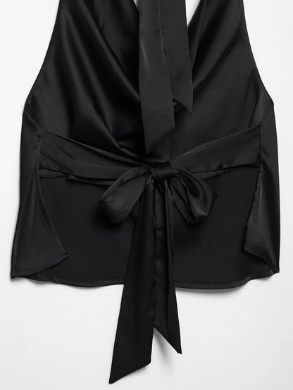 2025 Women Sexy Sleeveless Backless Bow Tied Soft Touch Blouse Female FashionHalter Shirts Summer Blusas Chic Tops LS9013