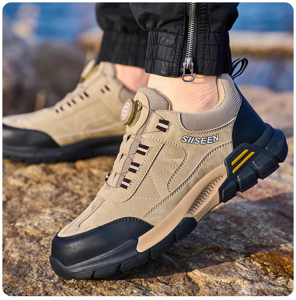 Men's Steel-Toed Safety Shoes With Anti-Crush, Anti-Puncture And Anti-Slip Soles, Fashionable Button Industrial Work Shoes