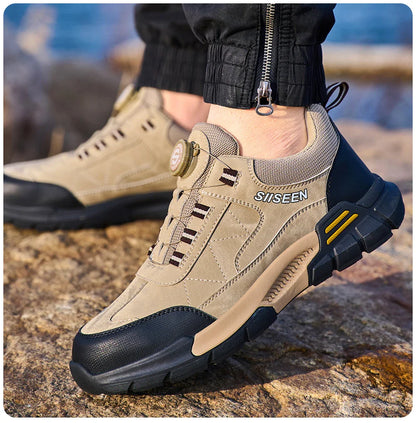 Men's Steel-Toed Safety Shoes With Anti-Crush, Anti-Puncture And Anti-Slip Soles, Fashionable Button Industrial Work Shoes