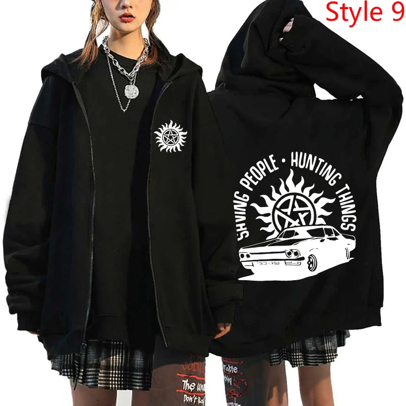 New Supernatural Printed Zipper Hooded Fashion Women Men Sweatshirt Casual Sport Hoodie Personality Zipper Long Sleeve Coat