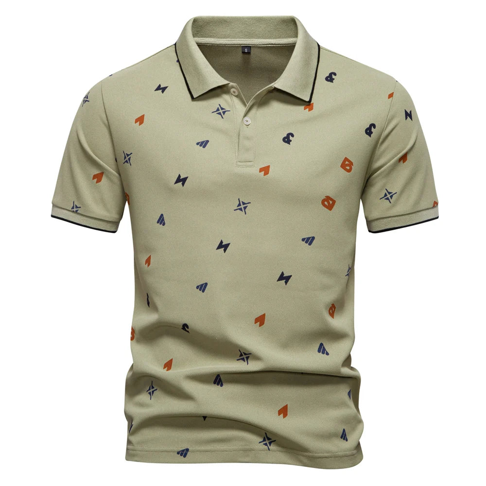 ‌2025 Summer New Men's Solid Color Polo Shirt with Printed Turn-Down Collar Casual Slim Fit Breathable Comfortable Top‌