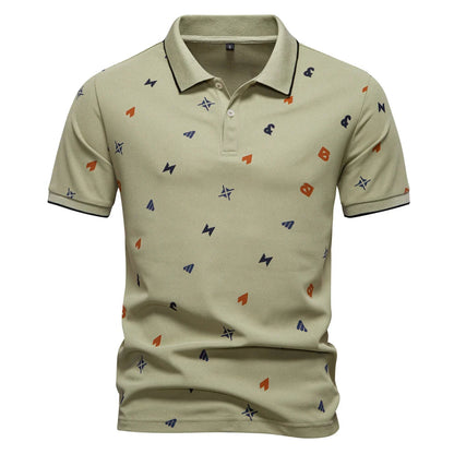 ‌2025 Summer New Men's Solid Color Polo Shirt with Printed Turn-Down Collar Casual Slim Fit Breathable Comfortable Top‌