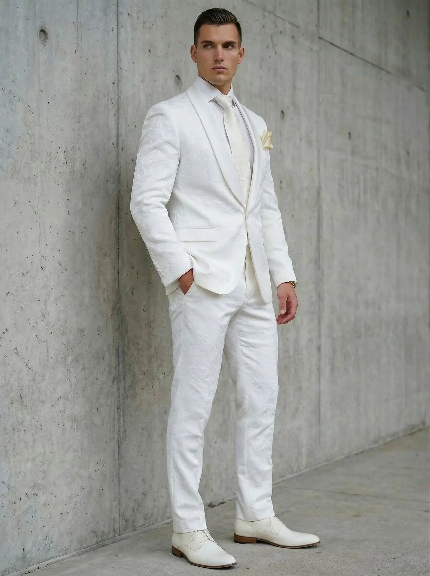 2026 Groomsmen White Pattern Groom Tuxedos Shawl Satin Lapel Men Suits 2 Pieces Wedding Bridegroom