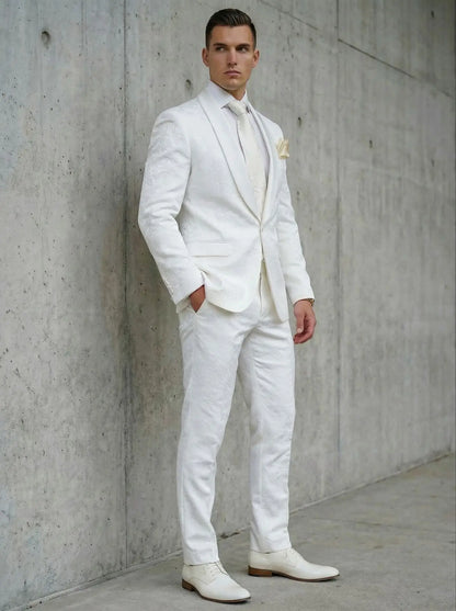 2026 Groomsmen White Pattern Groom Tuxedos Shawl Satin Lapel Men Suits 2 Pieces Wedding Bridegroom