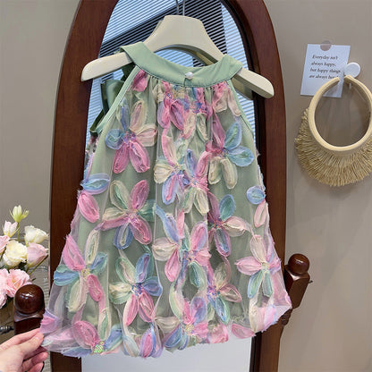 Girl Dress 2025 Summer New Girl Dress Princess Dress Little Girl Fashion Colorful Flower Yarn Dresses Kid Clothes