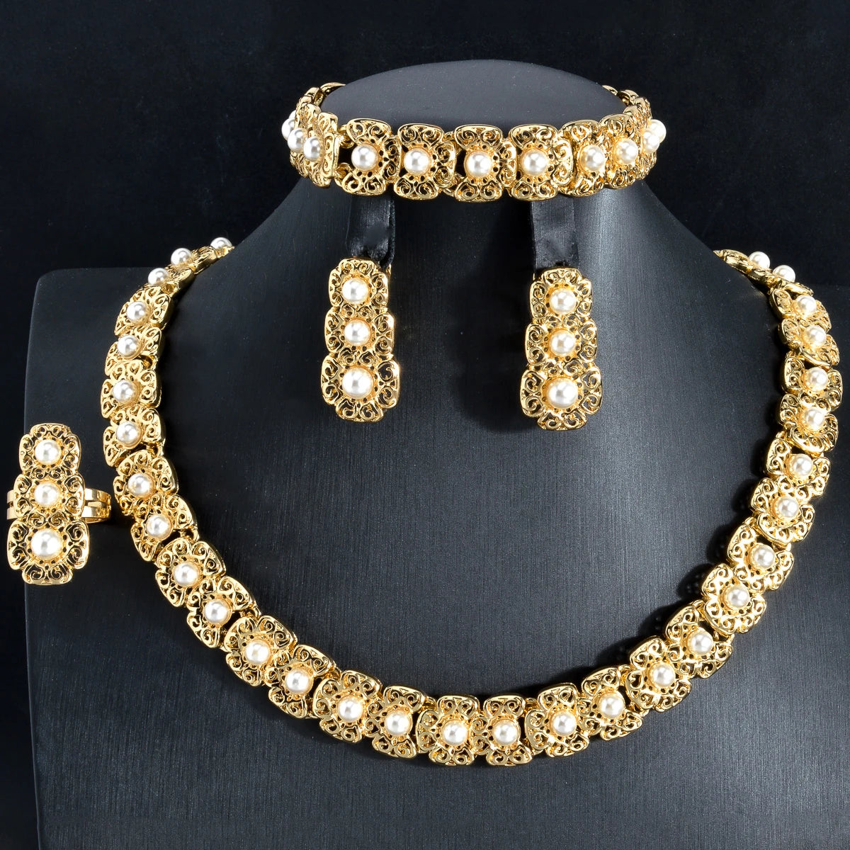 Conjunto de joias de luxo Dubai para mulheres, moderno, colar de pérolas, pulseira, anel, brincos, conjunto de joias banhadas a ouro 18k