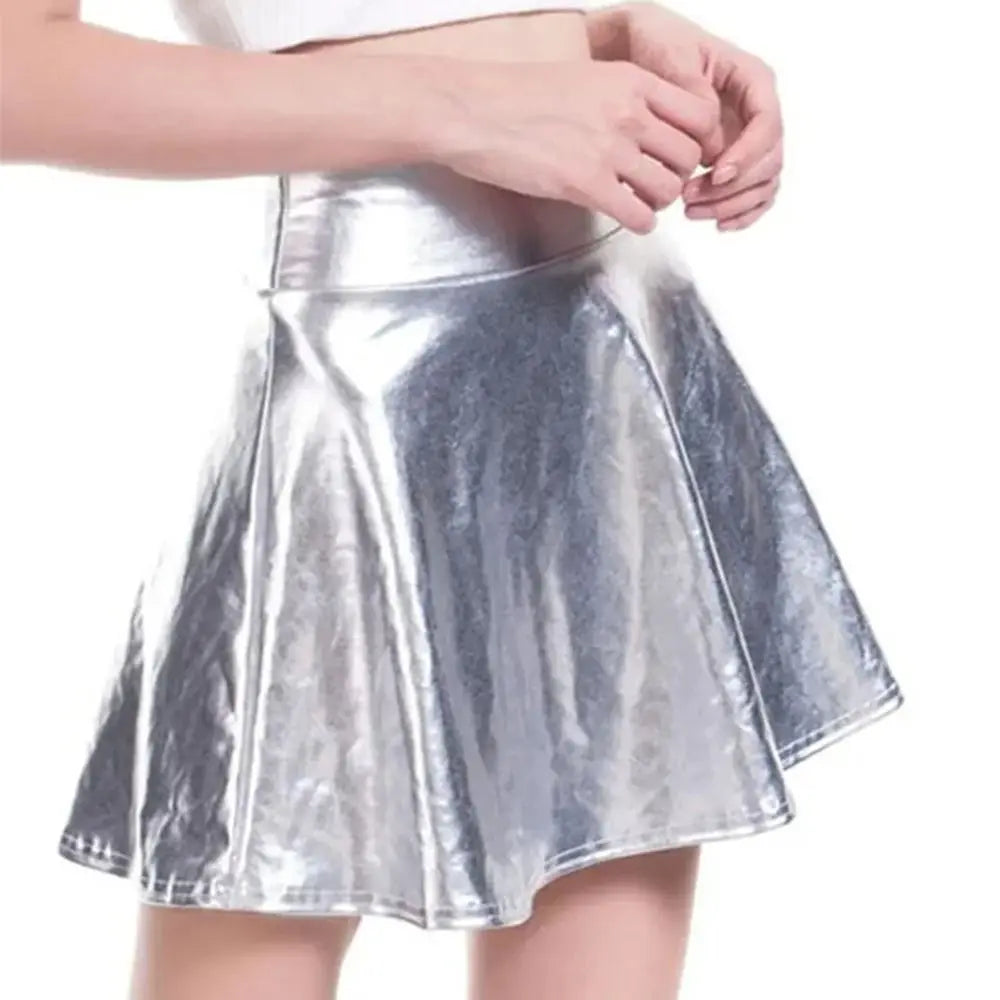Elegant Metallic Pleated Skirt Gold Silver Flared Design A-line Short Skirt Retro Solid Color Girls Short Mini Skirt Clubwear