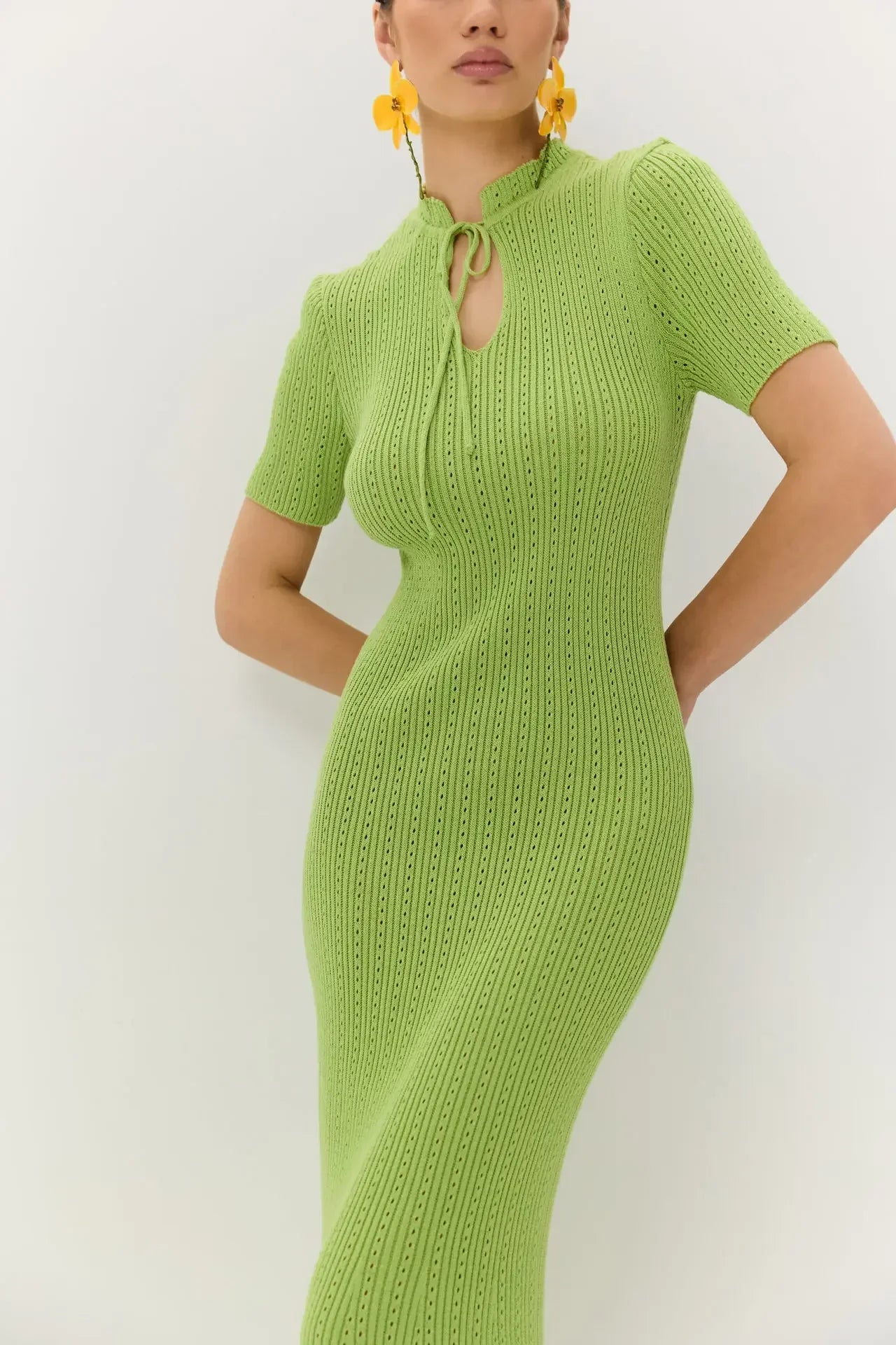 Long Dress Female Short Sleeve Slim Hollow Retro Elegant Sweater Dress 2025 Summer High Waist Woman Dress