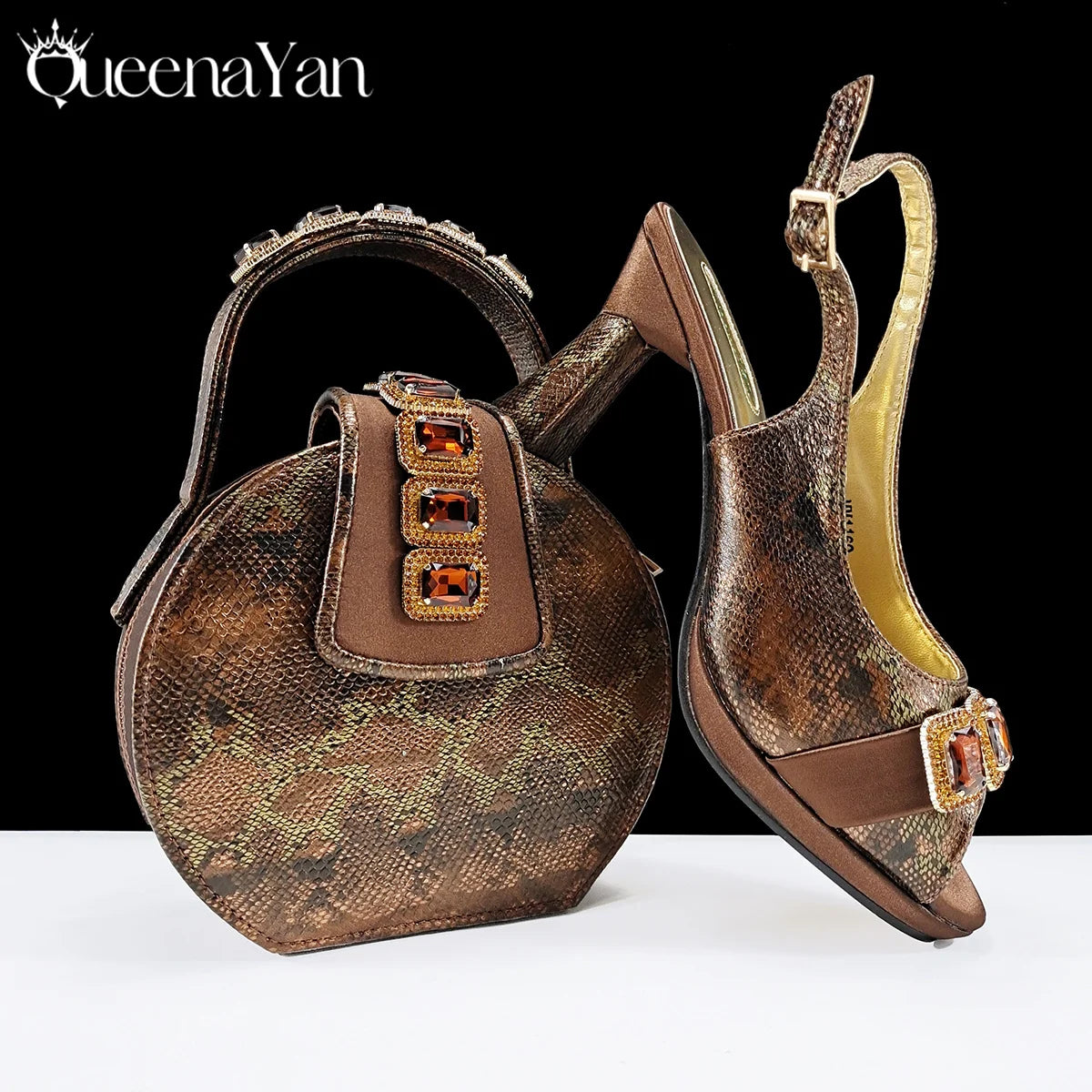 Elegant Green Peep-Toe Women Heel Pumps for Italian Matching Party Shoes and Bags Set for Parties with Diamond Accents