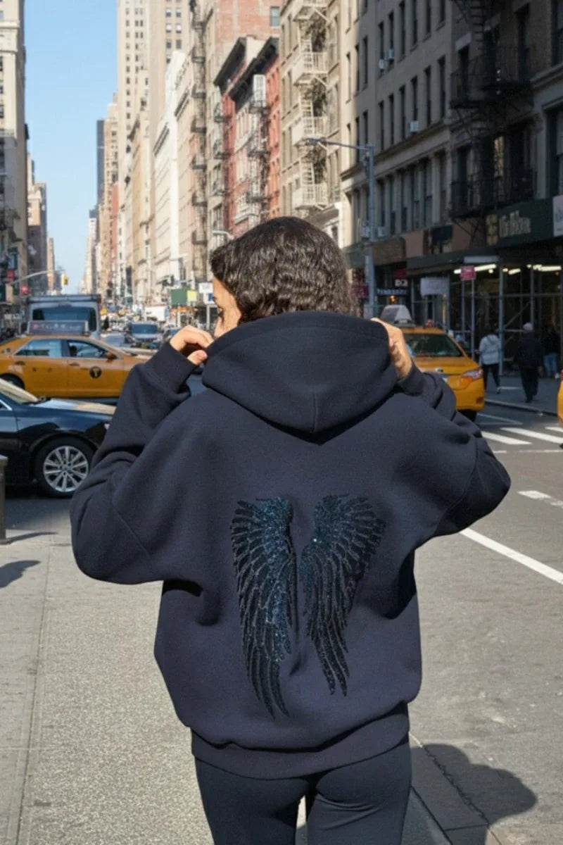 Y2K Retro Wings Sequin Hoodie Angel Wings Ornament Sweatshirt Harajuku Sweet Lady Casual Streetwear Relaxed Fit Pullover Coat