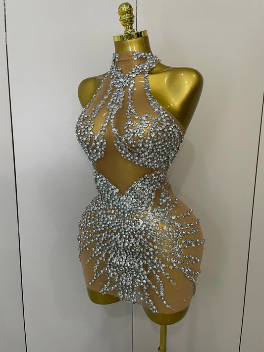 Rhinestones Sexy Mesh See Through Dress Party Evening Prom Celebrate Birthday Dress Singer Dancer Show Stage Wear