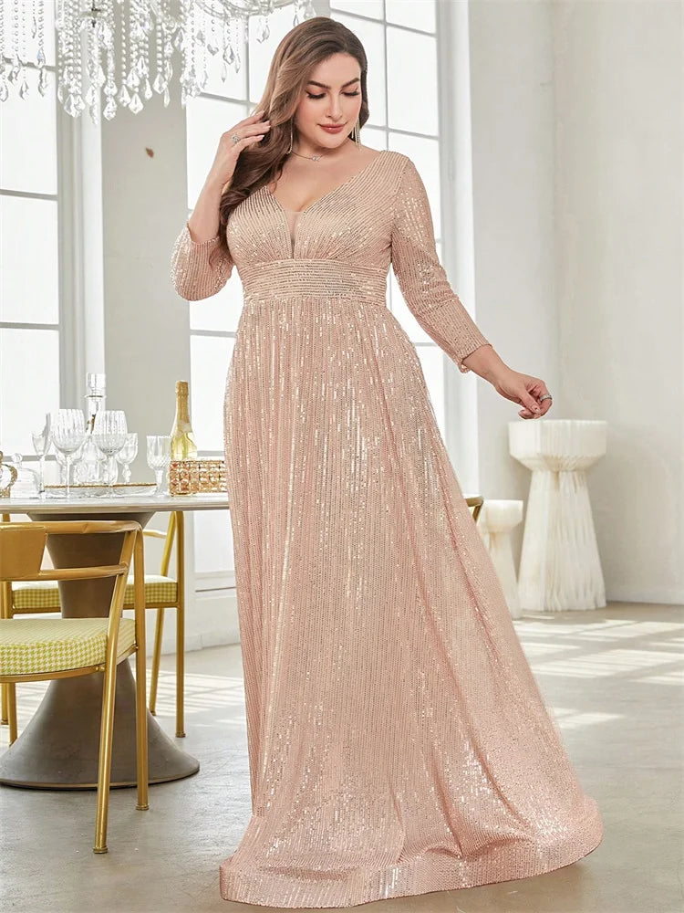 Vestidos de Noite Formais Femininos Luxuosos Plus Size com Decote em V e Mangas Compridas com Lantejoulas Azuis 2025 Vestidos Longos de Baile para Festas de Casamento Coquetel