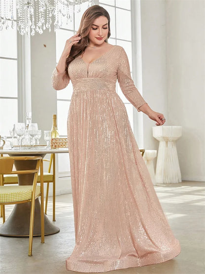 Vestidos de Noite Formais Femininos Luxuosos Plus Size com Decote em V e Mangas Compridas com Lantejoulas Azuis 2025 Vestidos Longos de Baile para Festas de Casamento Coquetel