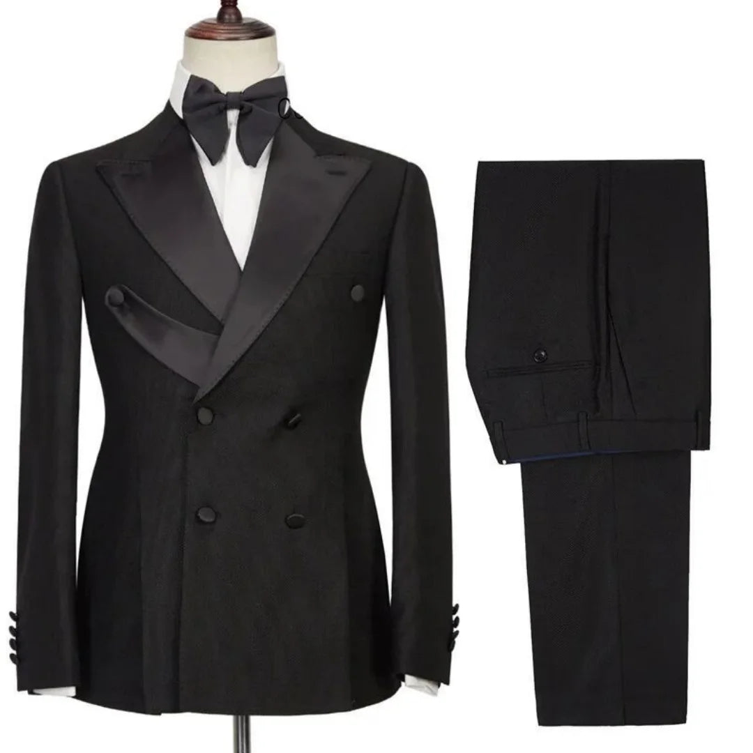 Men Suit 2 Pieces Black With Bright Lapel Double Button For Wedding Groom Banquet Work Birthday Business Daily Jacket And Pants