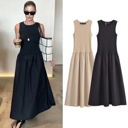 Women's Black Long Dresses 2025 Spring Sleeveless Elegant Dresses Fashion Casual Vintage Party Khaki Dresses Vestidos
