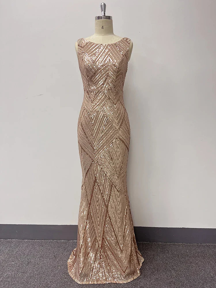 Women Elegant Short Sleeve Mermaid Glittering Sequin Long Prom Dress V With Zipper Back Formal Dress