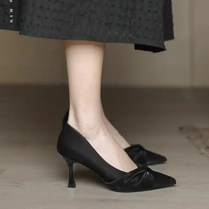 2026 New Women's Pointed Toe Stiletto Heels, Elegant Beige Ruched Pumps, Comfortable Commuter Shoes for Wedding Party Dress