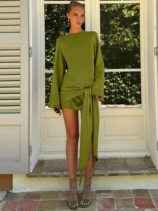 Autumn Fashion Elegant O-Neck Long Sleeve Slim Fit Lace Up Mini Dress Ladies Solid Casual Clothes Party Club Outfit