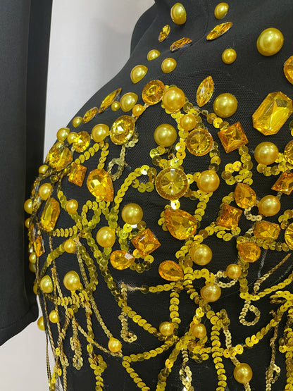 Crystal Chains Pearls Long Sleeve Mini Dress 2025 Women Birthday Evening Party Nightclub Outfit Singer Wedding Costume