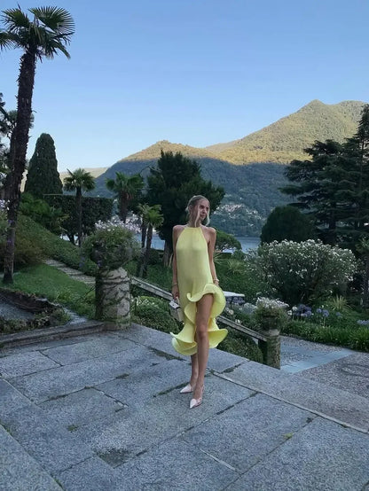 Women Romantic Yellow Halter Maxi Dress Ribbed Knit Ruffled High-slit Slim-fit Vestido 2026 Lady New Spring Trendy Fashion Robes