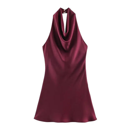 Silk Satin Texture Summer New Arrival Women's  Dr Hanging Ne Collar Gown Soft A-Line Skirt High Waist Pure Color