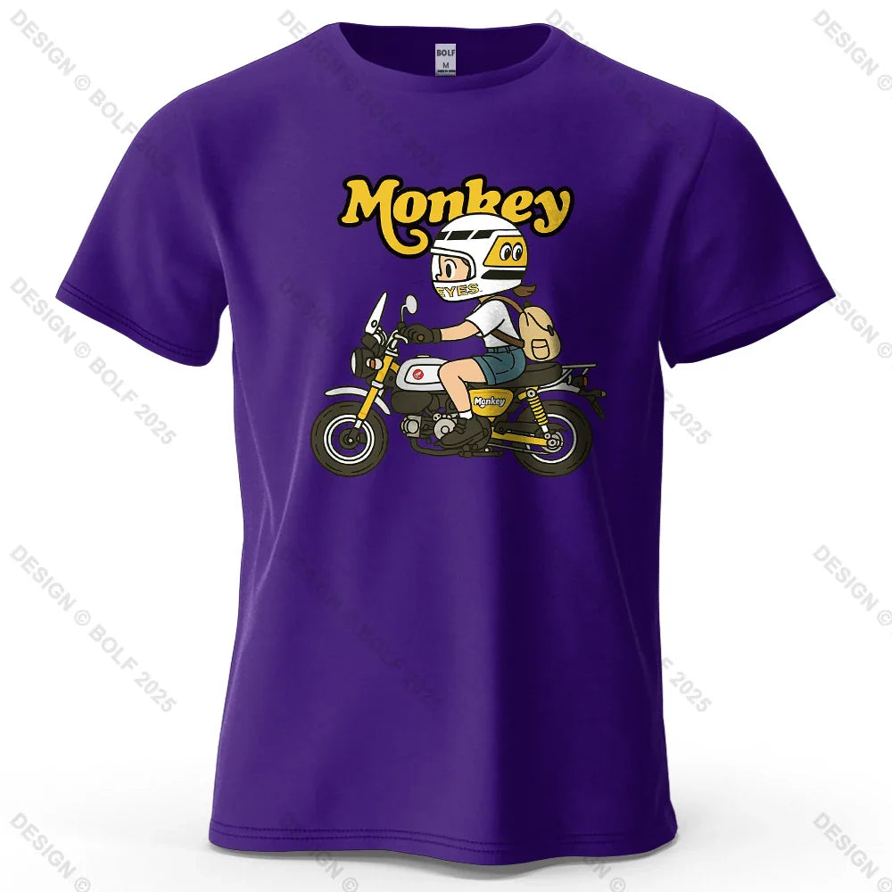Men's Monkey Motorcycle Graphic Short Sleeve T-Shirt 100% Cotton Cartoon Printed Tops Tee for Women Summer Casual Sportswear