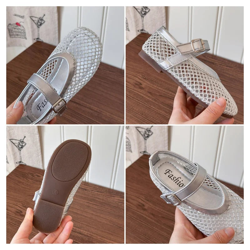 Toddler Girls Mesh Ballet Flats 2026 New Summer Ankle Strap Sandals Non-slip Simple Princess Outdoor Beach Sandals Metallic Gold