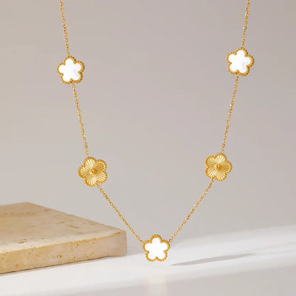 Stainless Steel White Plum Blossom Plant Leaf Flower Set Reversible Necklace Earrings Bracelet Women Clover Jewelry
