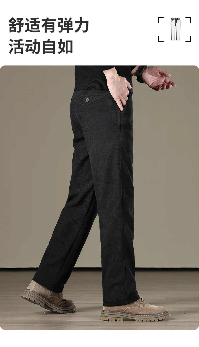 Winter Men Business Fleece Thick Casual Pants Straight Velvet Corduroy Warm Cold Resistant Bottoms Elastic Waist Trousers