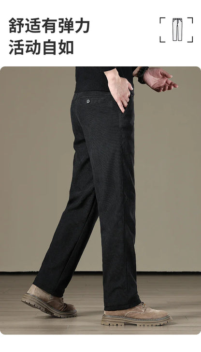 Winter Men Business Fleece Thick Casual Pants Straight Velvet Corduroy Warm Cold Resistant Bottoms Elastic Waist Trousers