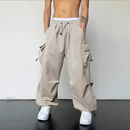 Black Men's Hip Hop Cargo Pants Casual Summer Solid Multiple Pockets Trousers Cool Ribbons Techwear Hip Hop Sweatpants Boys