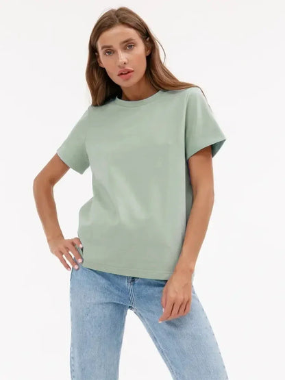 Summer 100% Cotton Women's T-shirt Bottoming Basic Fashionable Solid Lady Short Sleeve Loose Tops Shirts 230g/㎡ Tops