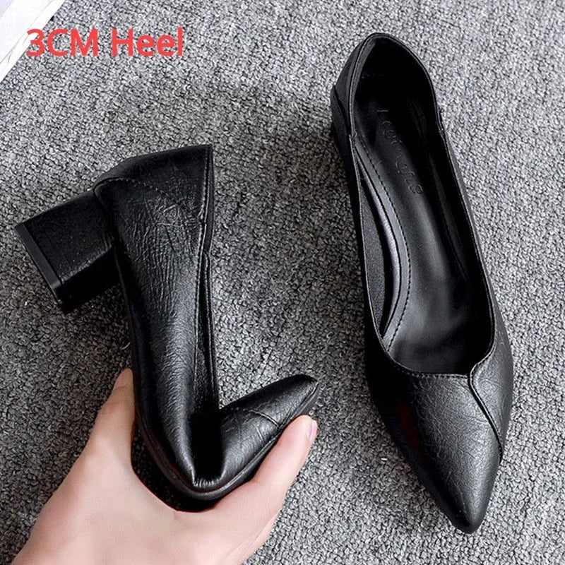 Sapato Feminino de Salto Bloco de 3-5cm Sapatos de Couro com Salto Quadrado Sapatos de Salto Agulha Zapatos De Mujer Moda Designer Escritório Senhoras Sapato Único