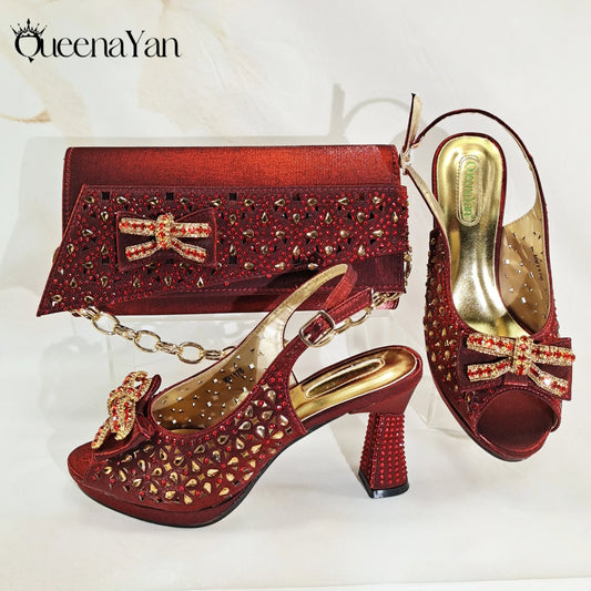 New Italian Design Open Toe Women High Heels for 2025 Elegant Party Wine Color Diamond Pumps Shoes and Bags Matching Set