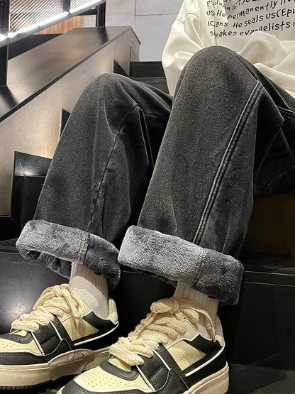 Calça Jeans Masculina de Inverno Coreana Forrada com Lã Grossa Quente Reta Denim Lavado Algodão Azul Retrô Larga Pantalona